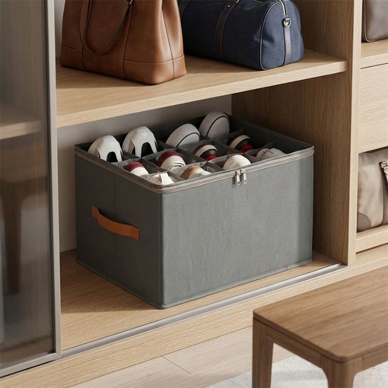 12 Grid Gray Foldable Clothing Organizer Box Wardrobe Storage Bin with Lid