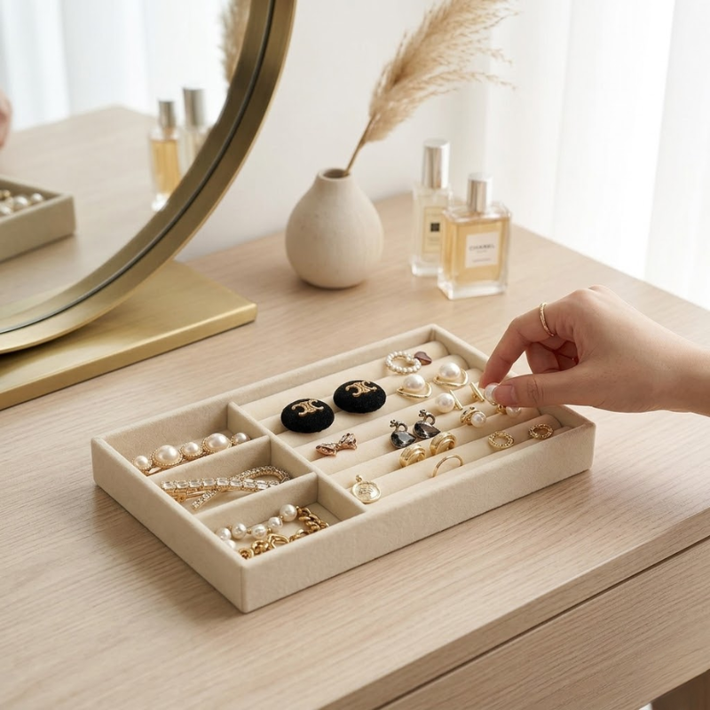 3+1 Wooden Jewelry Storage Tray Drawer Style Organizer Partitioned Ring Earring Holder