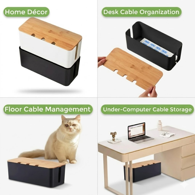 Medium Cable Management Box Black with Wooden Style Cover Cord Organizer