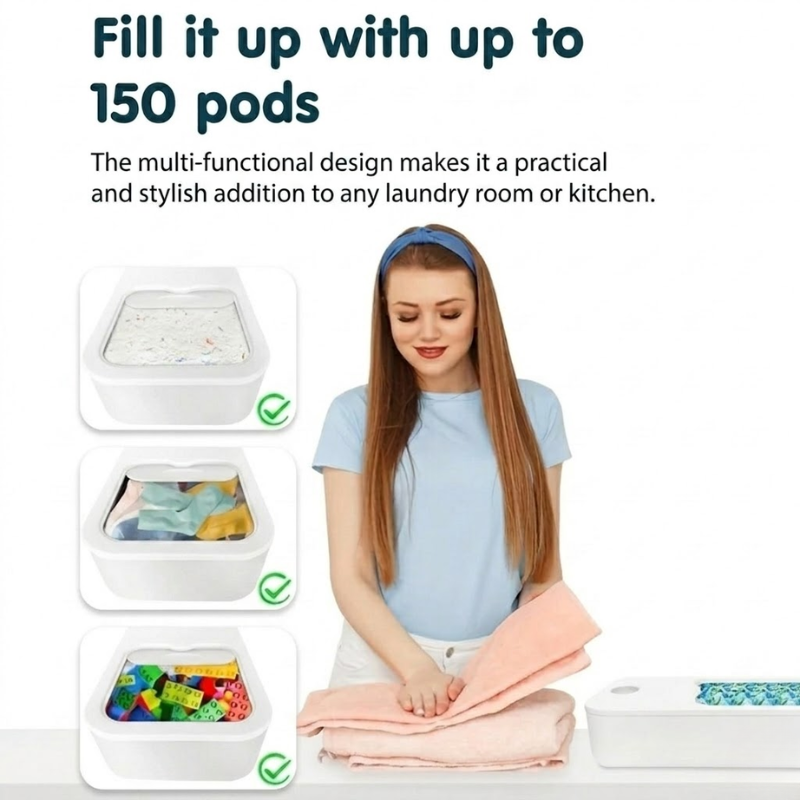 Laundry Pod Storage Container with Sliding Lid White Plastic Organizer Box