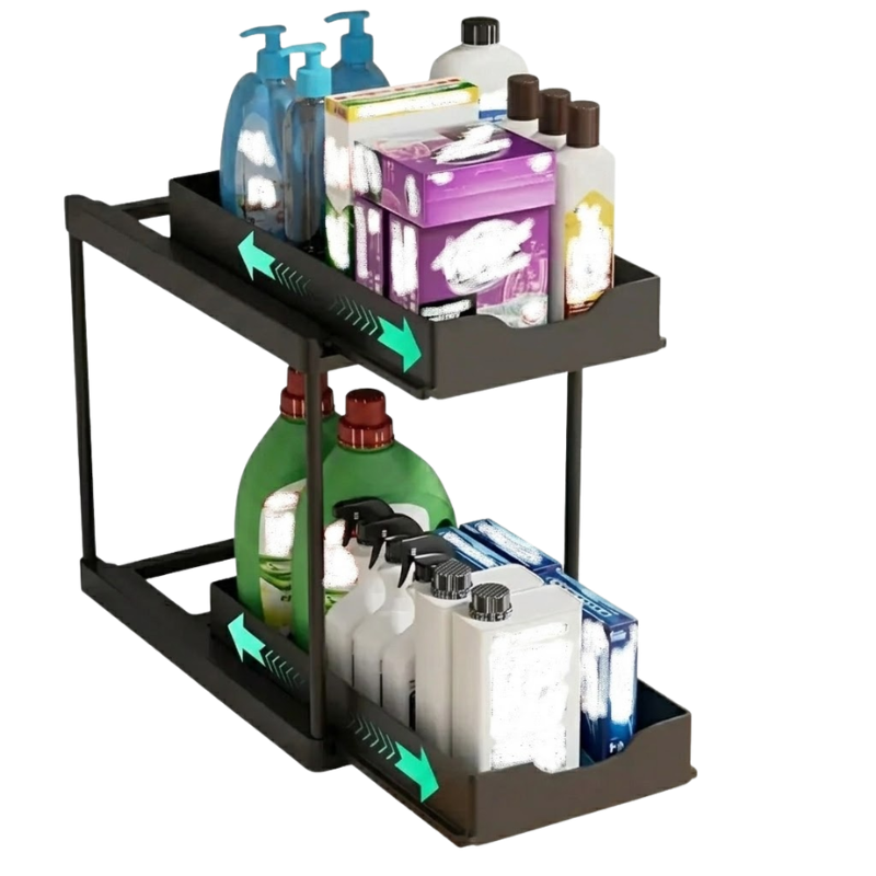 Double Layer Black Pull Out Storage Rack Under Sink Organizer with Hooks