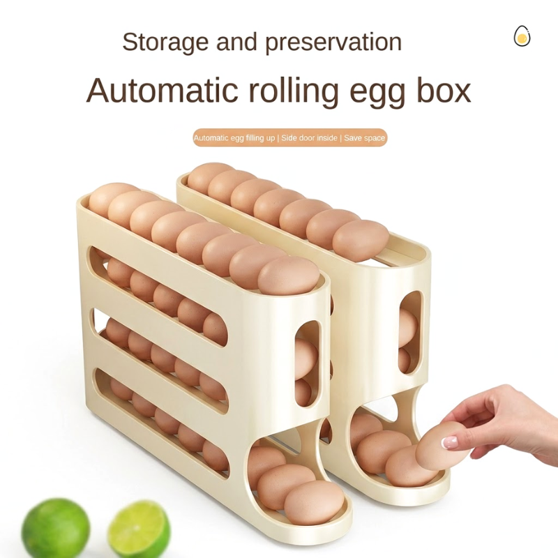 4 Layer Yellow Egg Storage Box Automatic Rolling Refrigerator Organizer Rack