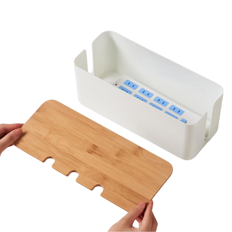 Small Cable Management Box White with Wooden Style Cover Cord Organizer