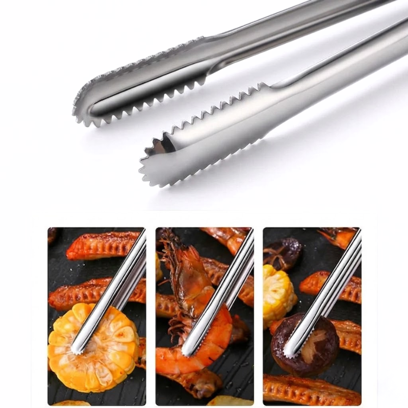 Medium Stainless Steel BBQ Tongs Non-Slip Food Clip Kitchen Grill Serving Tool