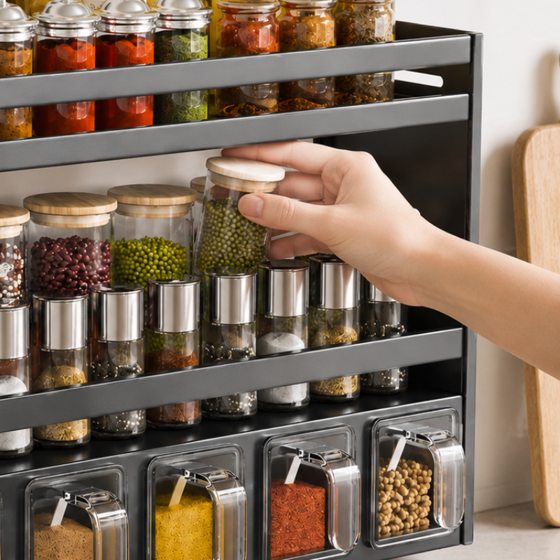 Multi Layer Kitchen Spice Rack Organizer with Storage Containers and Countertop Shelf 39.9cm