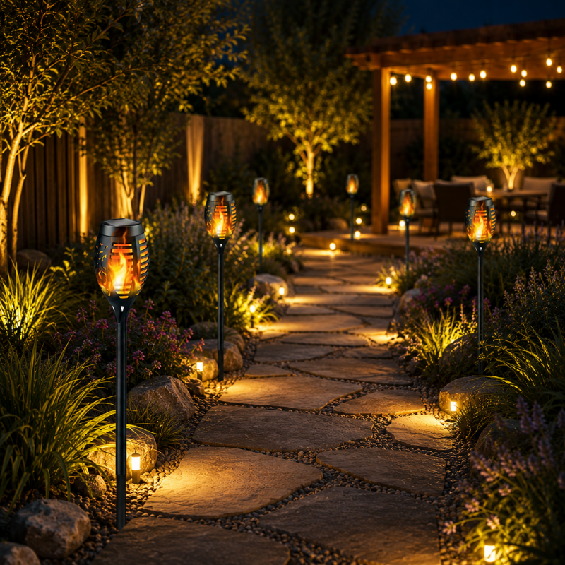 4 Piece Solar Flame Torch Light 12 LED Flickering Waterproof Outdoor Garden Lamps