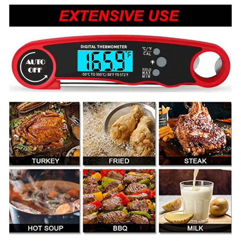 Digital Food Thermometer with Foldable Stainless Steel Probe for BBQ Cooking and Baking