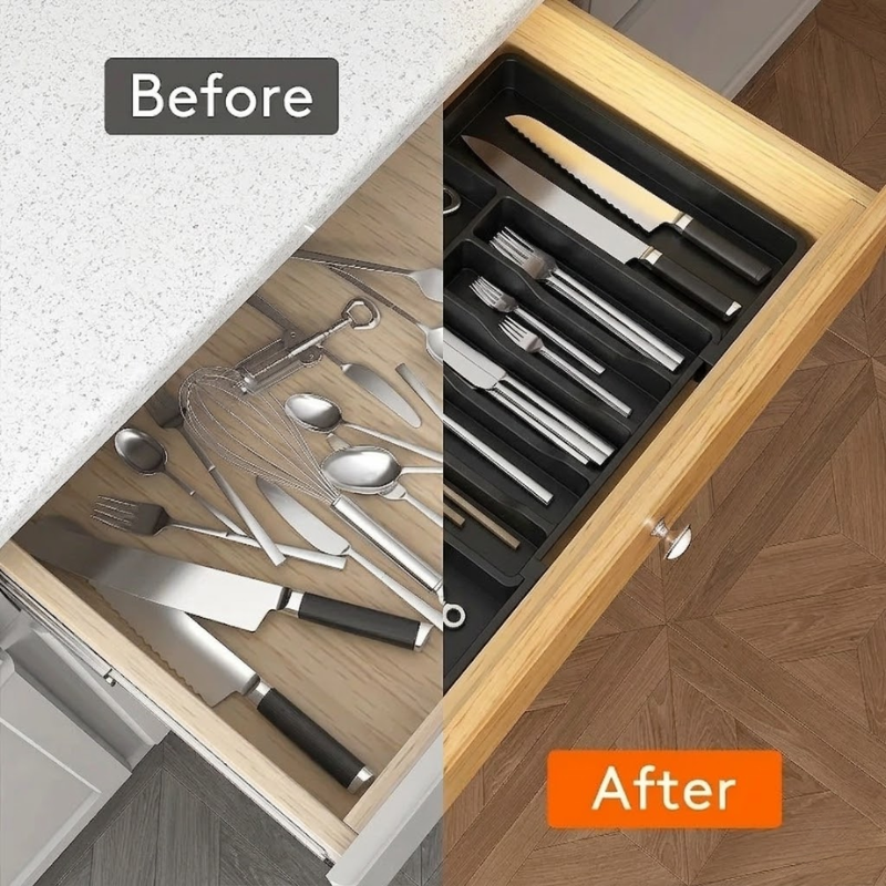 Adjustable Flatware Organizer Expandable Plastic Cutlery and Utensil Drawer Tray