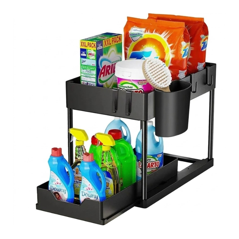 2 Tier Under Sink Organizer Sliding Pull-Out Cabinet Basket Storage Rack with Hooks