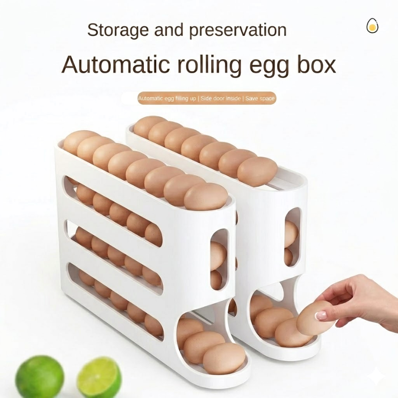 4 Layer White Egg Storage Box Automatic Rolling Refrigerator Organizer Rack
