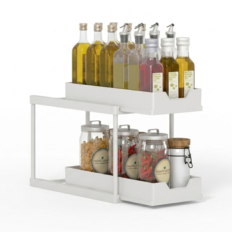 Double Layer White Pull Out Storage Rack Under Sink Organizer with Hooks