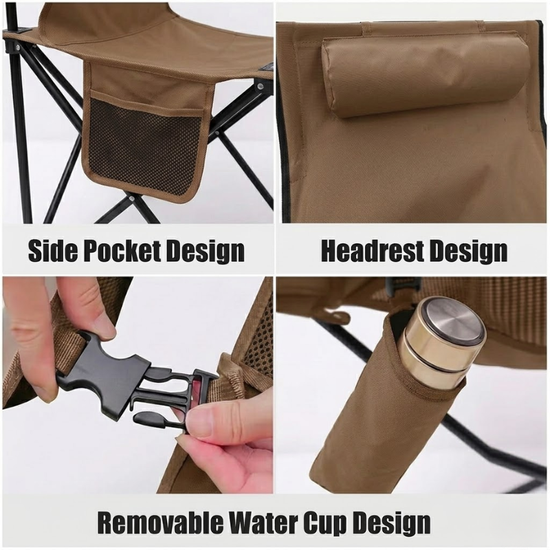 Portable Folding Camping Chair Brown with Headrest Lightweight Aluminium Outdoor Chair