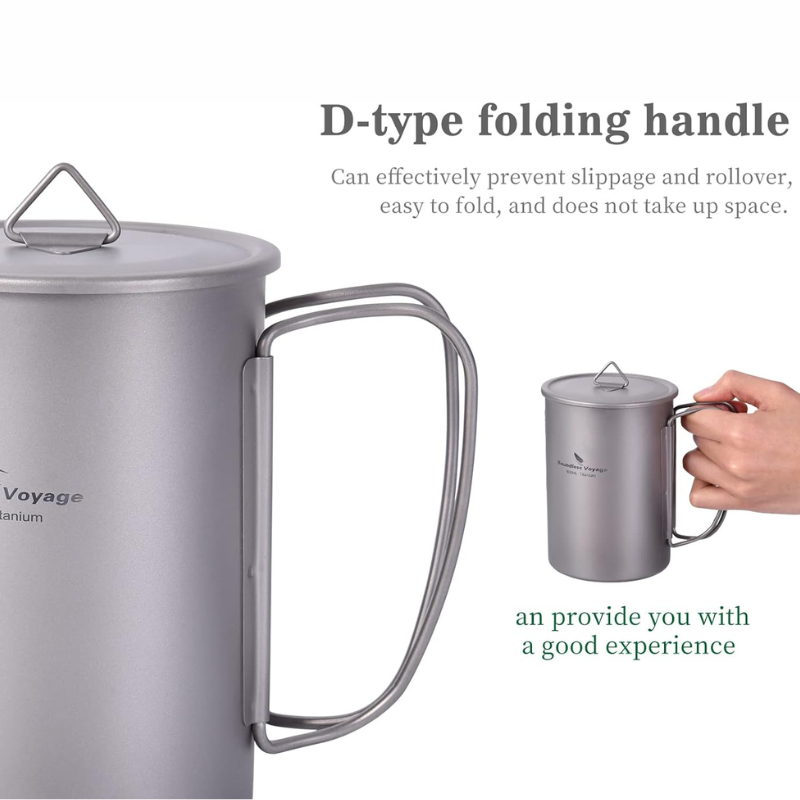 600ml Titanium Camping Cup with Lid Foldable Handles and Storage Bag