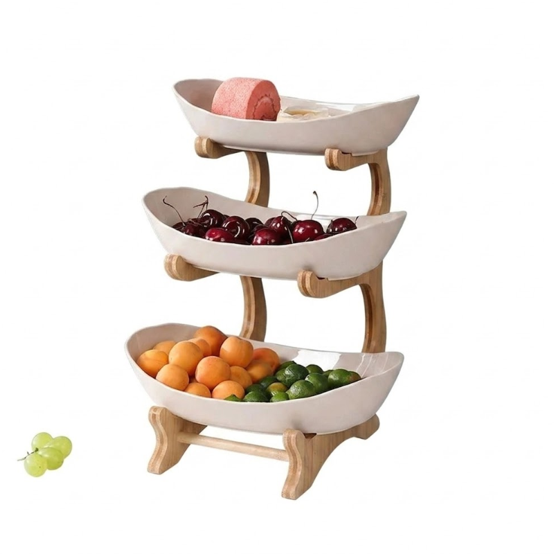 3 Tier Beige Fruit Tray Stand Partitioned Serving Plate Snack Dessert Display