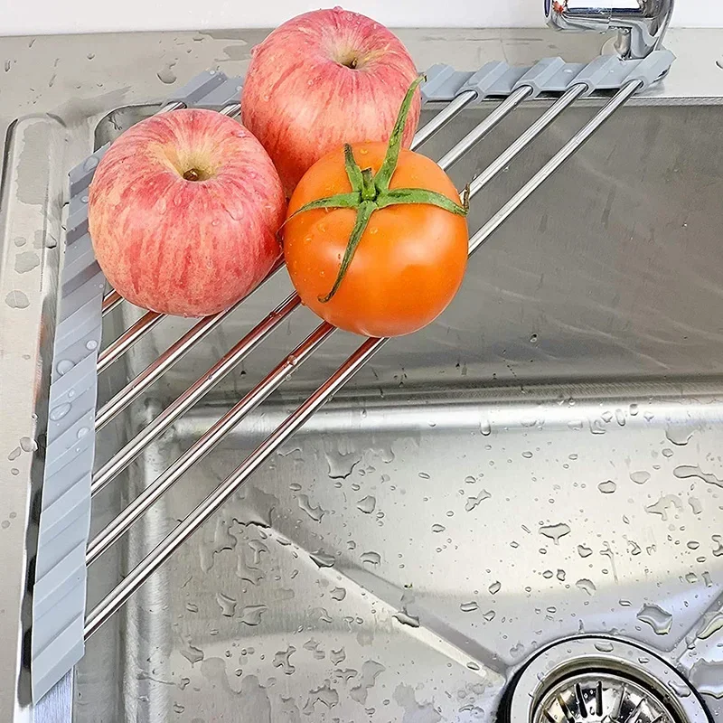 Gray Roll Up Triangle Dish Drying Rack Stainless Steel Corner Sink Organizer