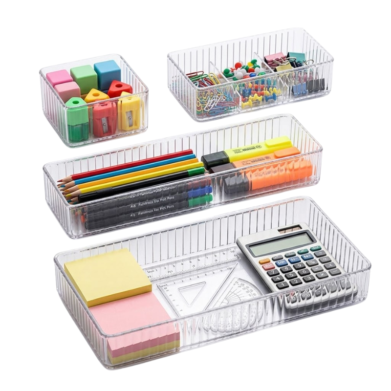 4 Piece Clear Drawer Organizer Set Plastic Storage Boxes Multi Size Makeup Bathroom Desk