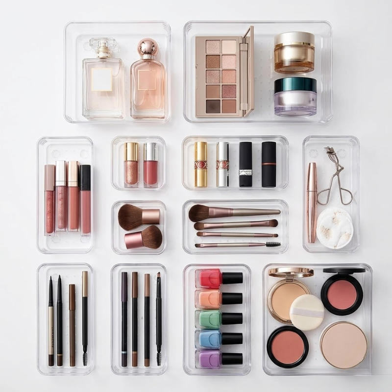7 Piece Clear Drawer Organizer Set Plastic Storage Boxes Multi Size Makeup Bathroom Desk
