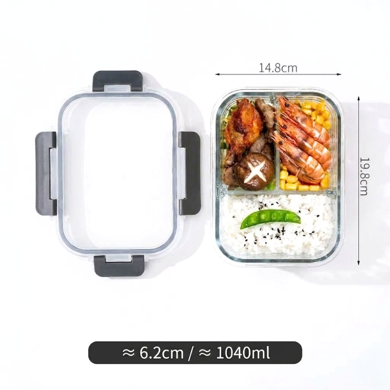 1040ml Rectangular Glass Lunch Box with Compartments Locking Lid Microwave Freezer Dishwasher Friendly