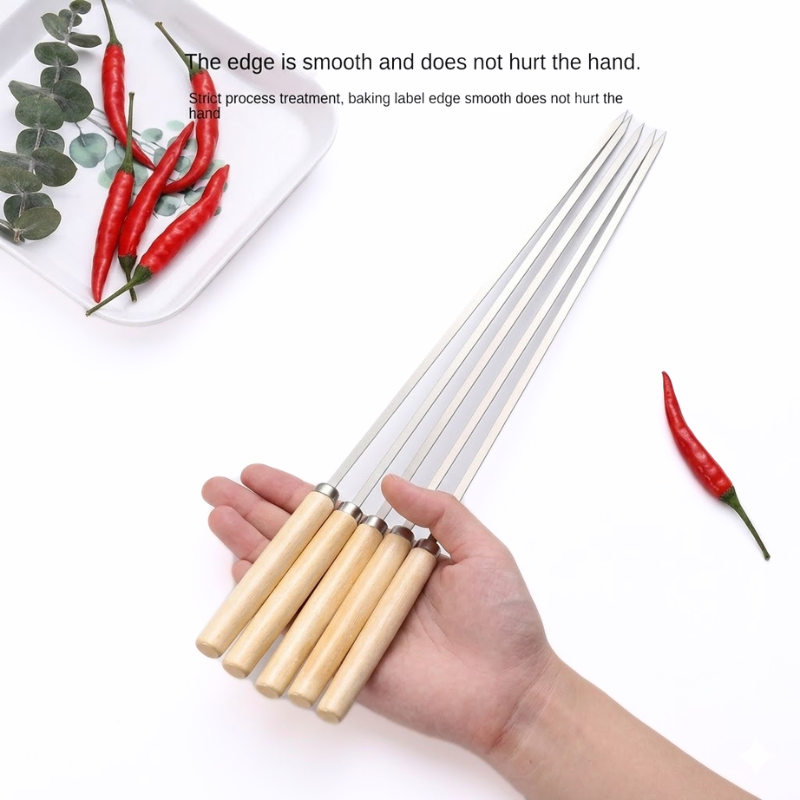 10 Pack Stainless Steel BBQ Skewers with Wooden Handles Reusable Grill Sticks