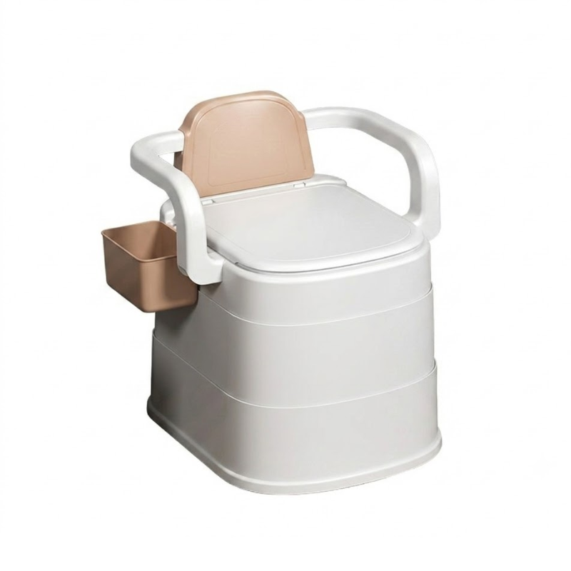 Portable Commode Chair Coffee Hard Seat Removable Bucket and Armrests for Home Care