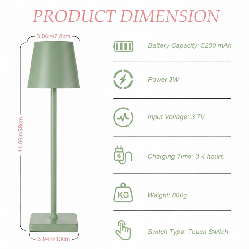 LED Touch Green Table Lamp 3 Color Dimmable USB Powered Desk Bedside Light