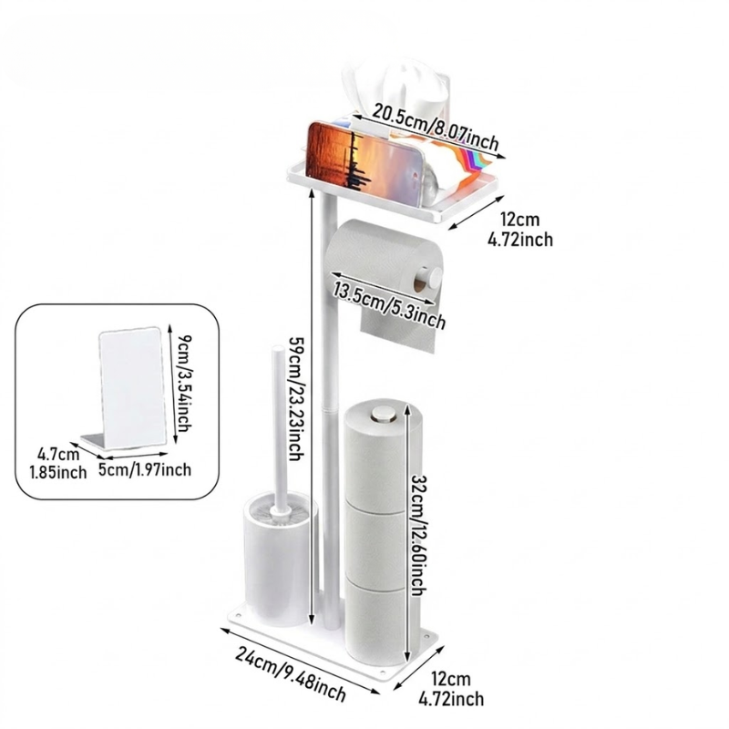 Floor Standing Toilet Paper Holder Stand with Brush and Phone Shelf Storage Rack White