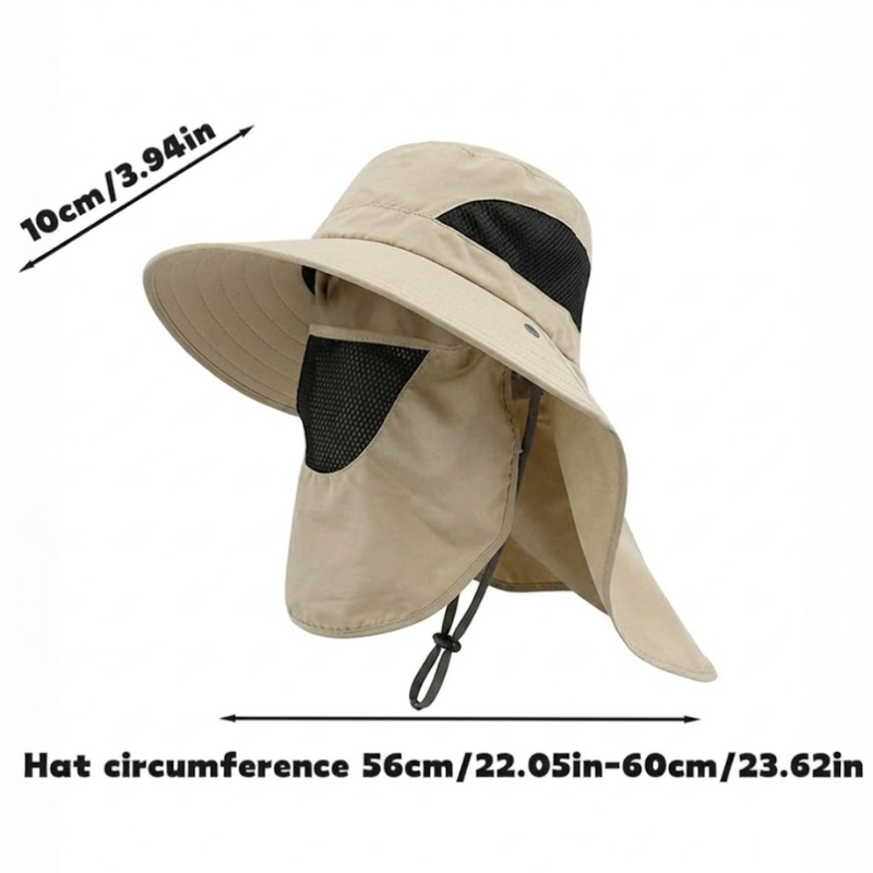 Khaki Outdoor Sun Hat with Neck Flap Wide Brim Fishing Hiking Bucket Hat