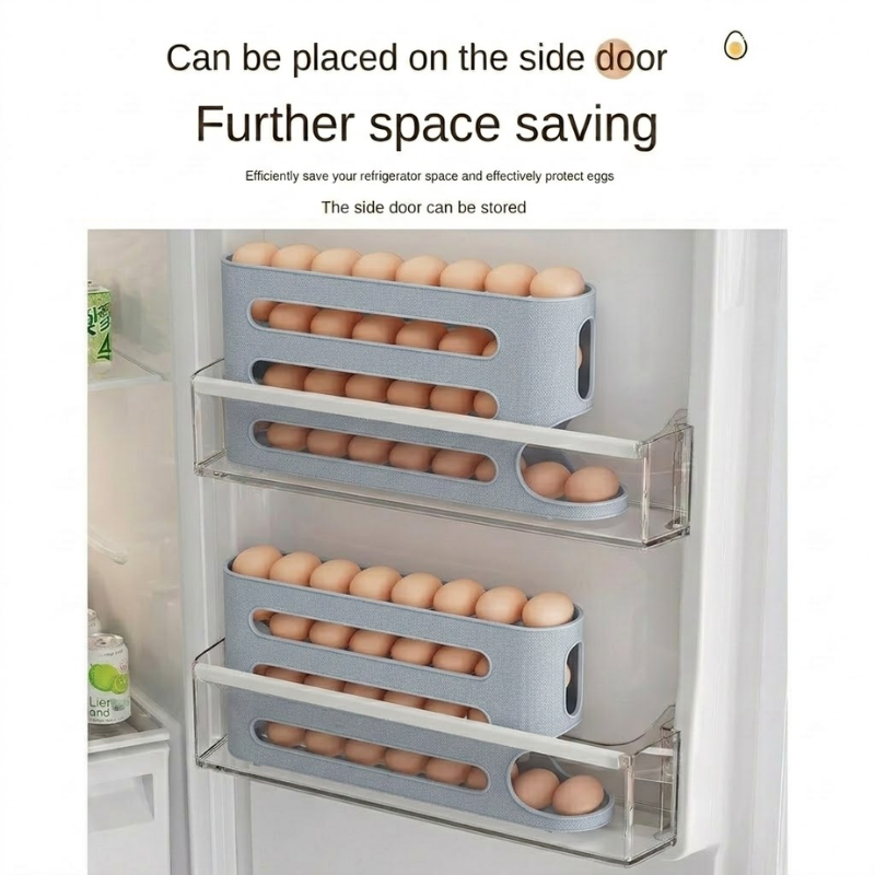 4 Layer Gray Egg Storage Box Automatic Rolling Refrigerator Organizer Rack