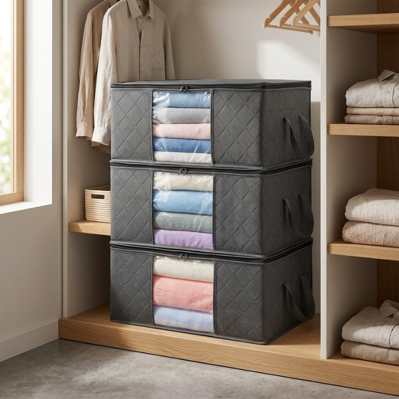 3 Piece 90L Foldable Storage Bag Clothes Blanket Organizer 60x43x35cm with Handle
