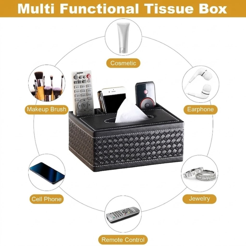Black Faux Leather Tissue Box Cover with Remote Holder Desktop Organizer