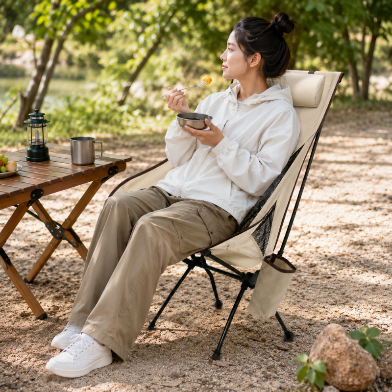 Portable Folding Camping Chair Beige with Headrest Lightweight Aluminium Outdoor Chair
