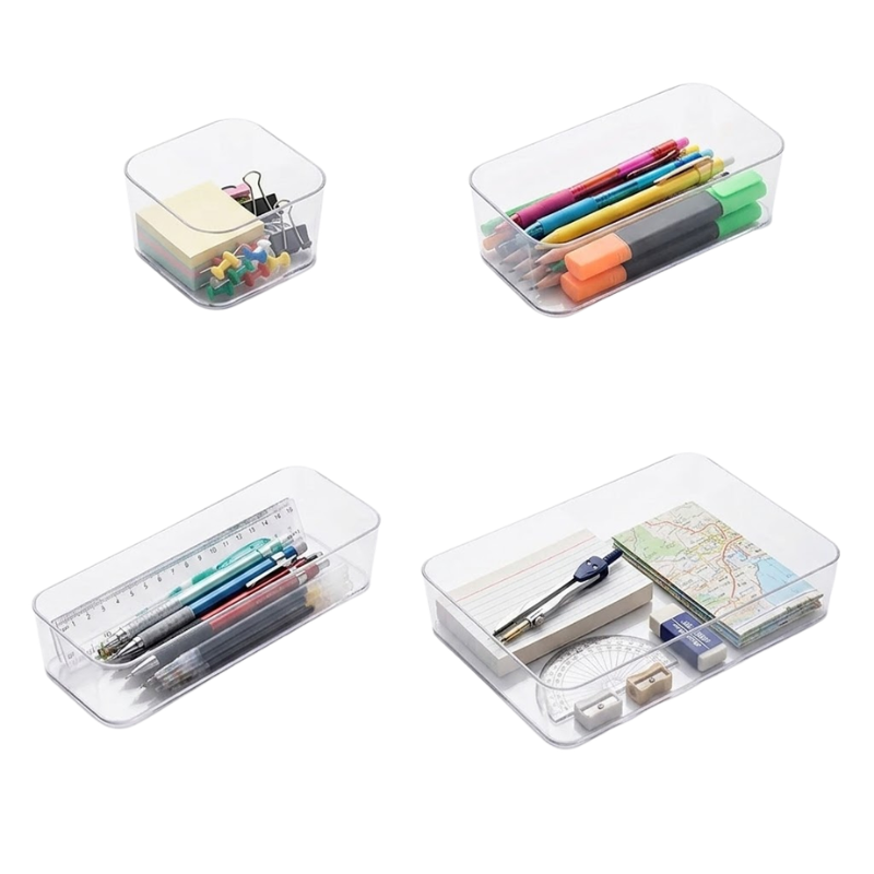 4 Piece Clear Drawer Organizer Set Plastic Storage Boxes Multi Size Makeup Bathroom Desk