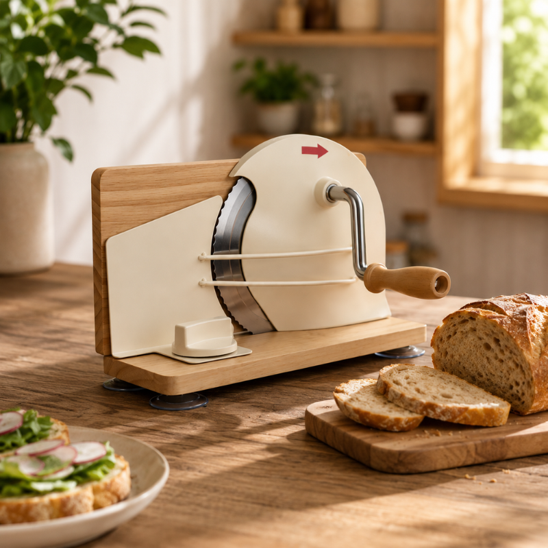Beige Manual Bread Slicer with Adjustable Thickness Stainless Steel Blade and Hand Crank