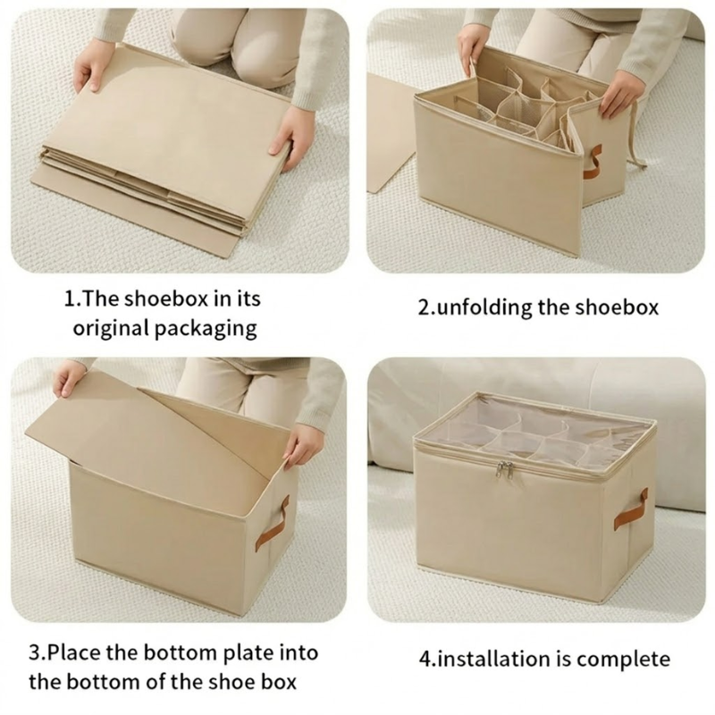 12 Grid Beige Foldable Clothing Organizer Box Wardrobe Storage Bin with Lid