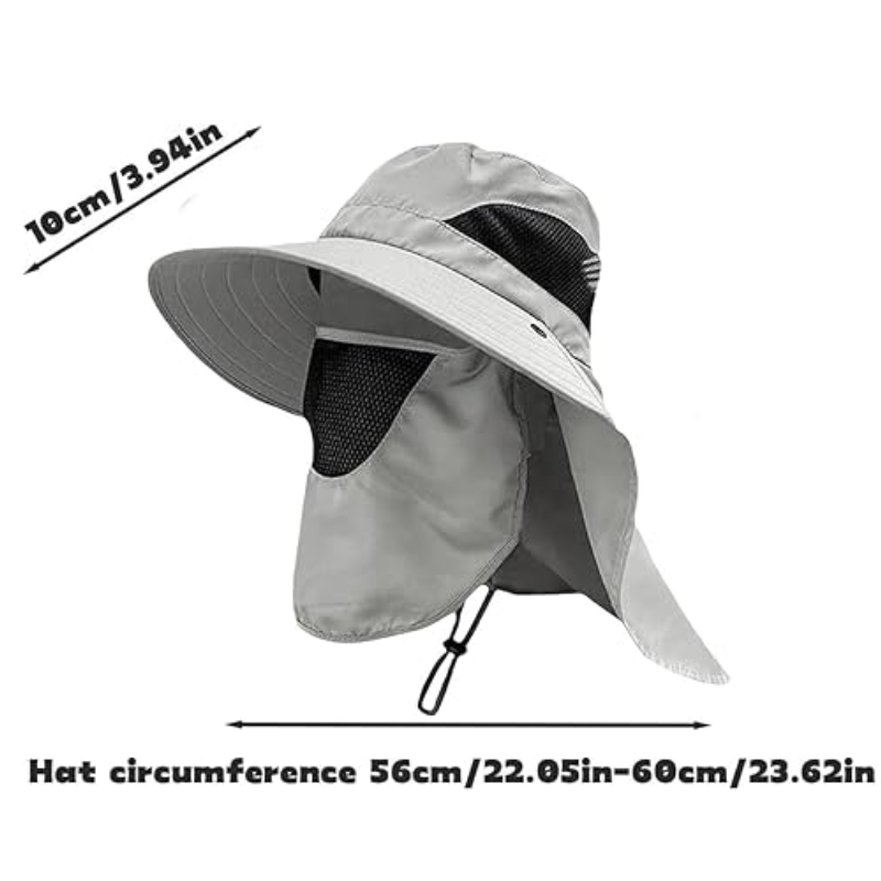 Light Gray Outdoor Sun Hat with Neck Flap Wide Brim Fishing Hiking Bucket Hat