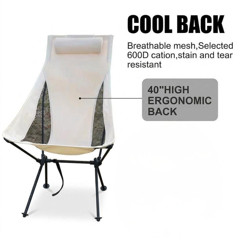 Portable Folding Camping Chair Beige with Headrest Lightweight Aluminium Outdoor Chair