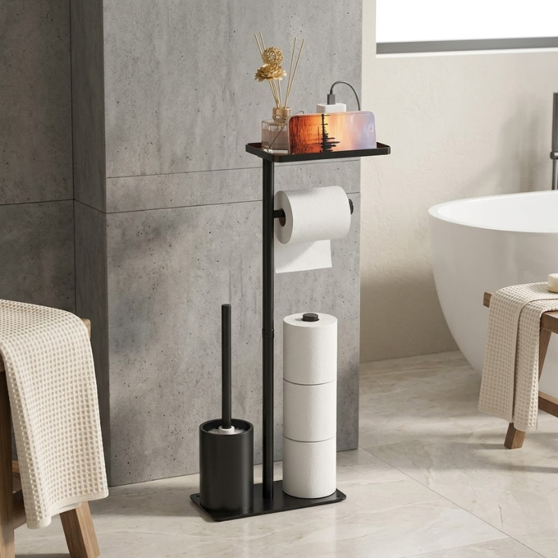 Floor Standing Toilet Paper Holder Stand with Brush and Phone Shelf Storage Rack Black