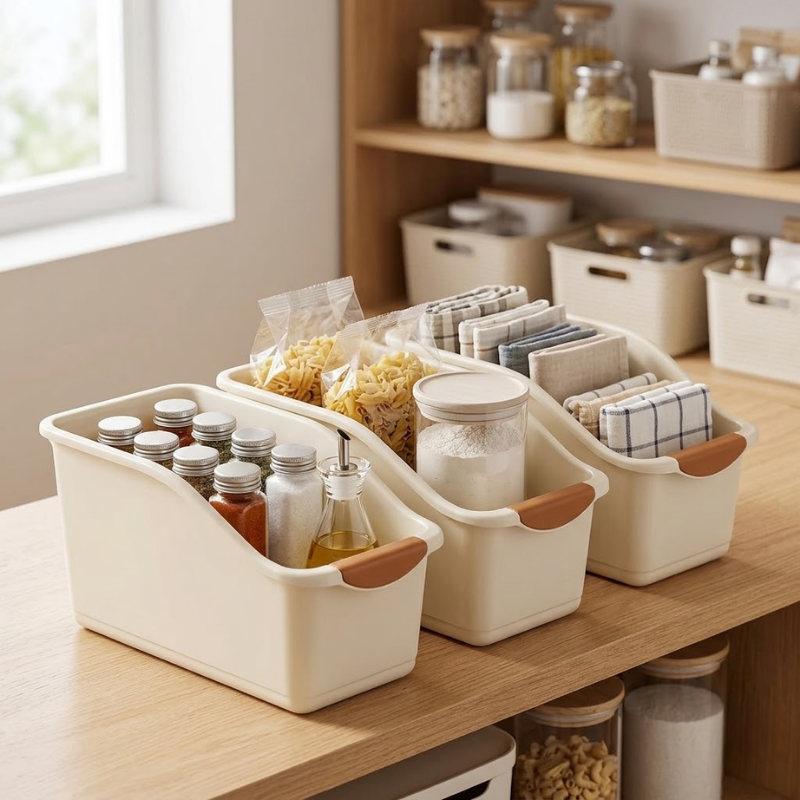 3 Piece Small Under Sink Organizer with Wheels Pull-Out Storage Bins Beige Kitchen Cabinet Organizer