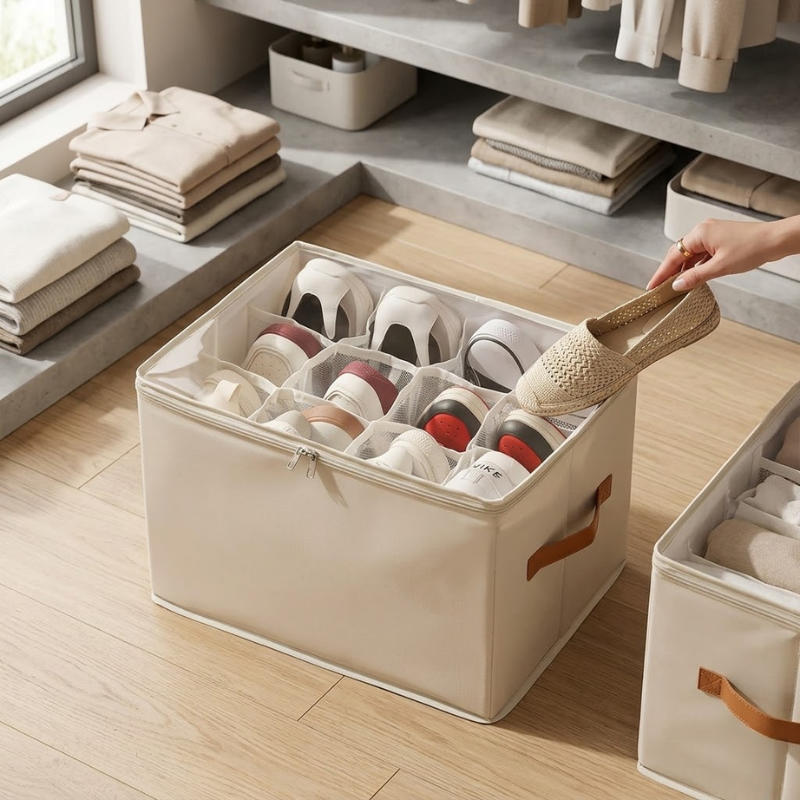 12 Grid Beige Foldable Clothing Organizer Box Wardrobe Storage Bin with Lid