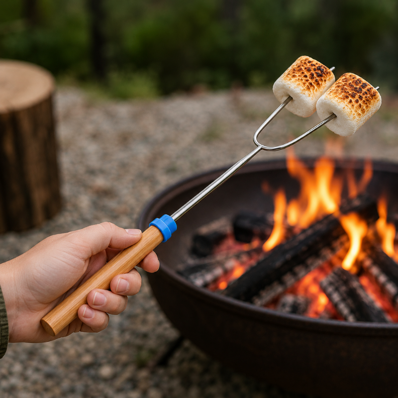 Telescoping BBQ Roasting Stick Stainless Steel Campfire Fork with Wood Handle