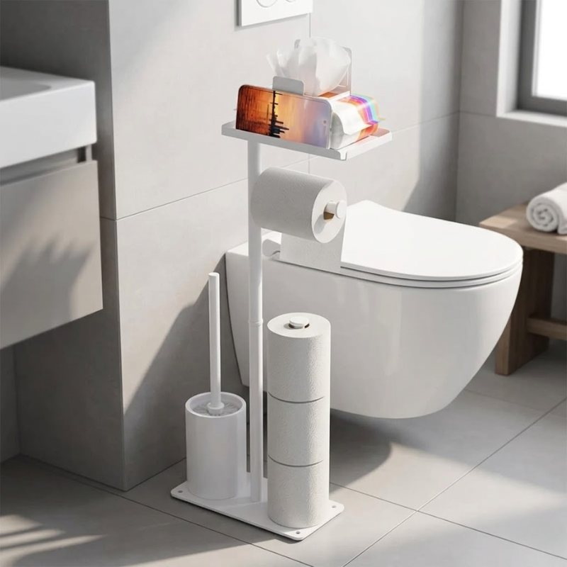 Floor Standing Toilet Paper Holder Stand with Brush and Phone Shelf Storage Rack White