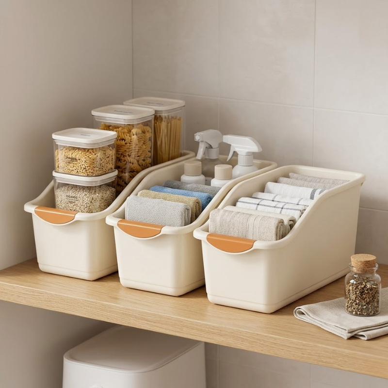 3 Piece Small Under Sink Organizer with Wheels Pull-Out Storage Bins Beige Kitchen Cabinet Organizer