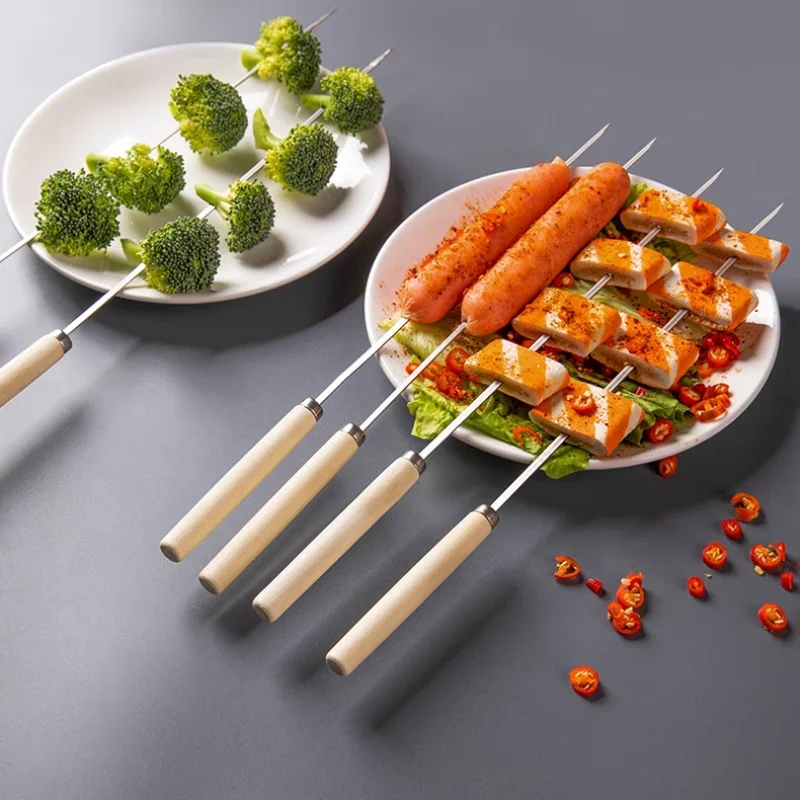 10 Pack Stainless Steel BBQ Skewers with Wooden Handles Reusable Grill Sticks