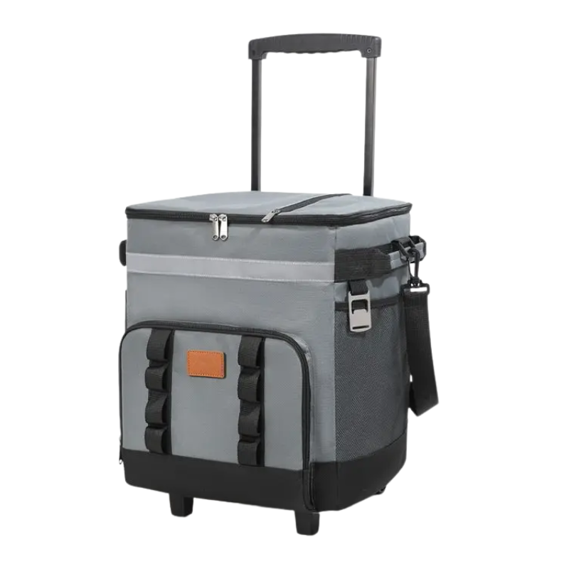 35L Portable Gray Rolling Cooler Bag with Wheels Telescopic Handle for Camping Picnic Beach and Travel