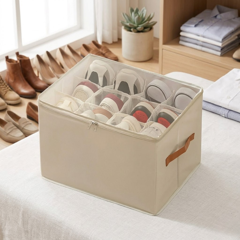 12 Grid Beige Foldable Clothing Organizer Box Wardrobe Storage Bin with Lid