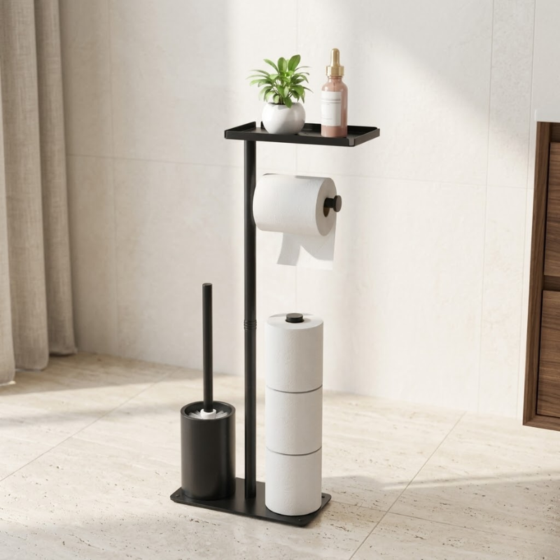 Floor Standing Toilet Paper Holder Stand with Brush Storage Bathroom Rack Black
