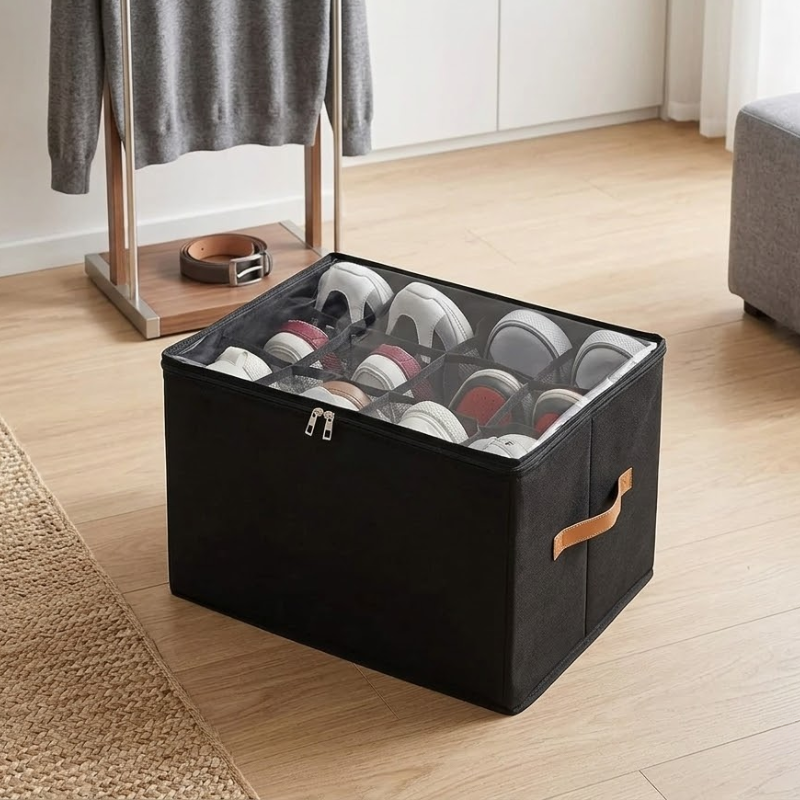 12 Grid Black Foldable Clothing Organizer Box Wardrobe Storage Bin with Lid