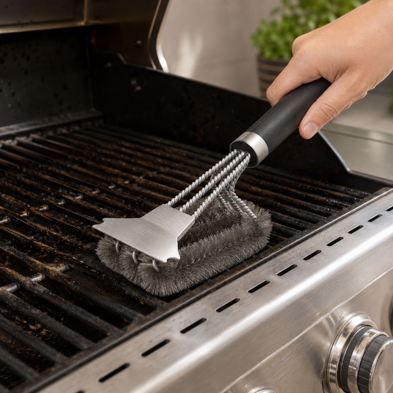 Stainless Steel Grill Cleaning Brush with Scraper and Deluxe Handle for BBQ