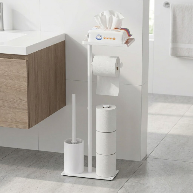 Floor Standing Toilet Paper Holder Stand with Brush Storage Bathroom Rack White