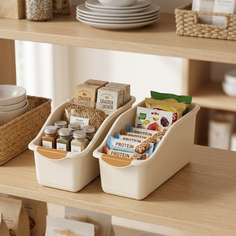 2 Piece Curved Plastic Storage Bins Beige Multipurpose Home Organizer Boxes
